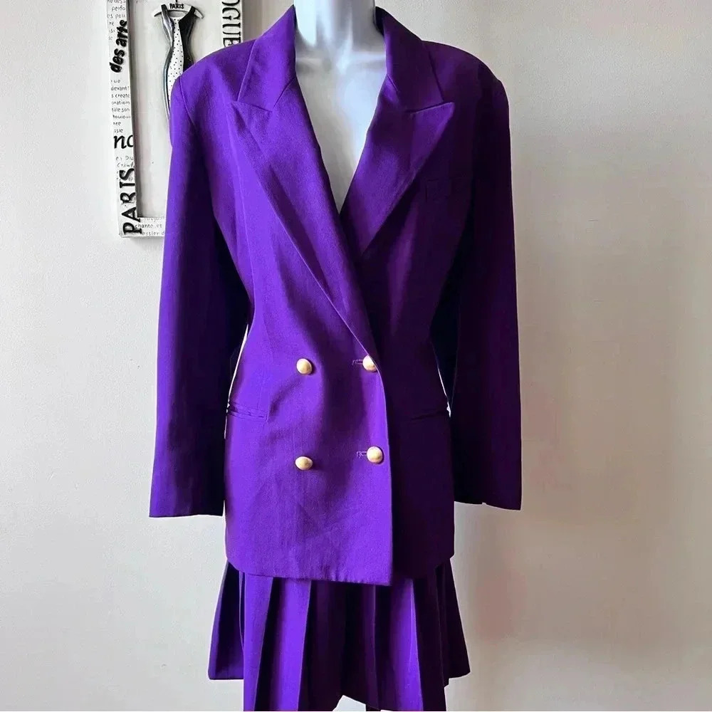 Vintage Saville 100% Wool Purple Two Piece Pleated Skirt Maximalist Suit Size 12